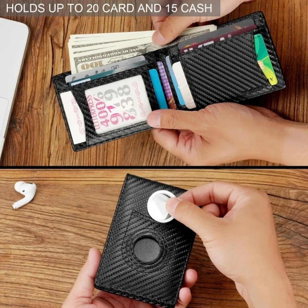 Men’s Wallet Slim Carbon Fibre Faux Leather wi/ Airtag Slot l/Card Holder | NEW